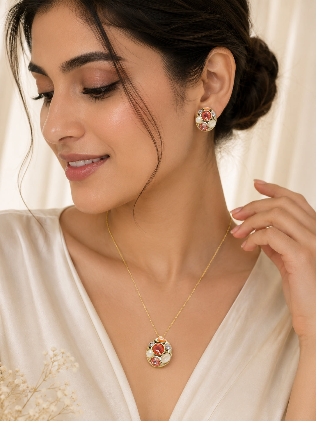 Aanura Peach Cluster Necklace & Earrings Set