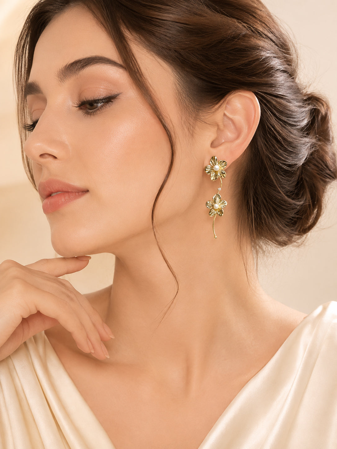 Aanura Pearl Center Floral Long Drop Earrings