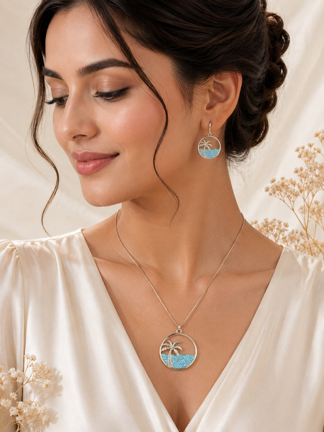 Aanura Palm Tree Ocean Necklace & Earrings Set