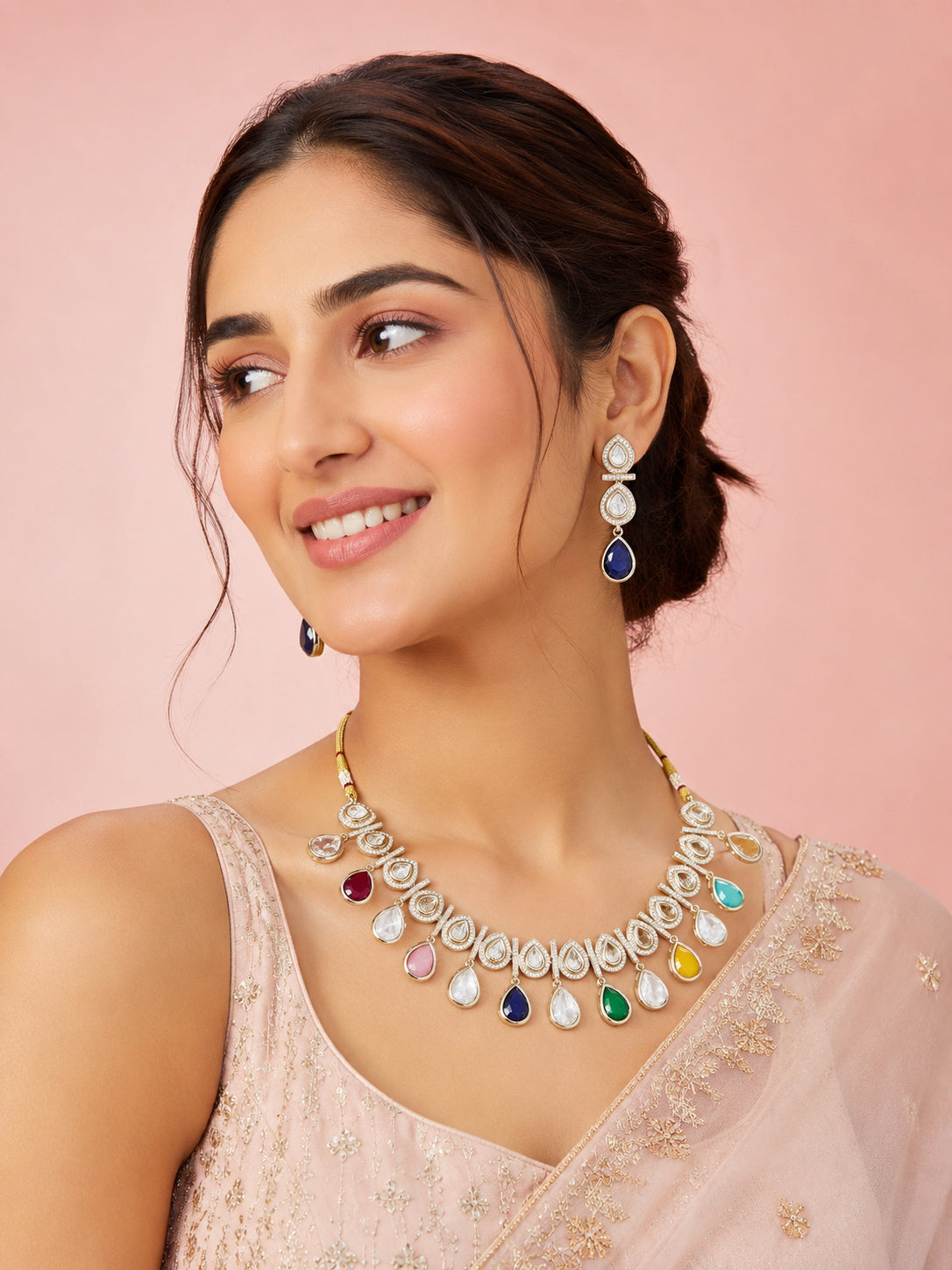 Aanura Teardrop Kundan Necklace with Dual-Tone Drops & Earrings