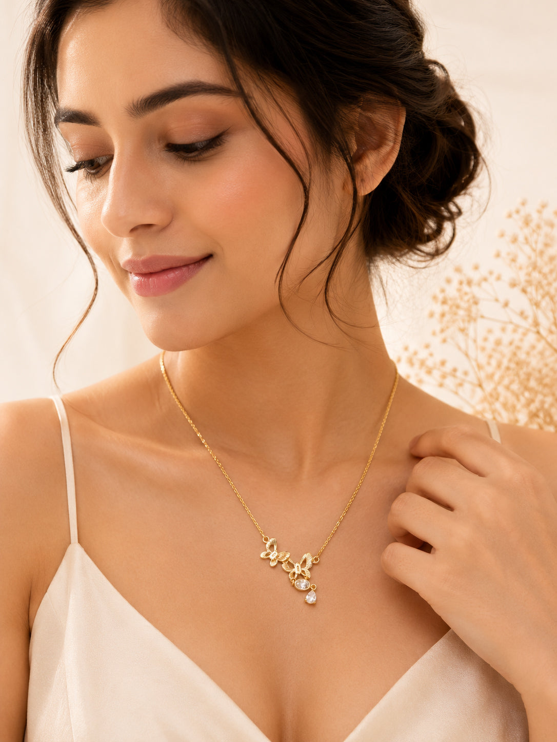 18K Gold Plated Butterfly Trio Crystal Drop Necklace