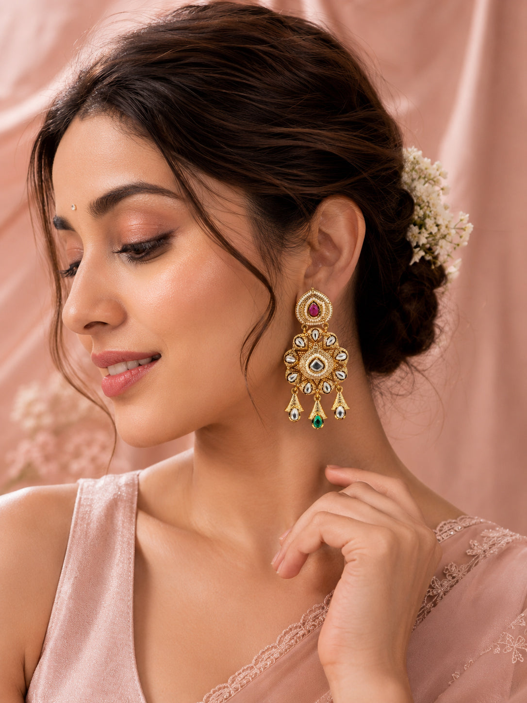 Aanura Gold Kundan Earrings with Red & Green Stones