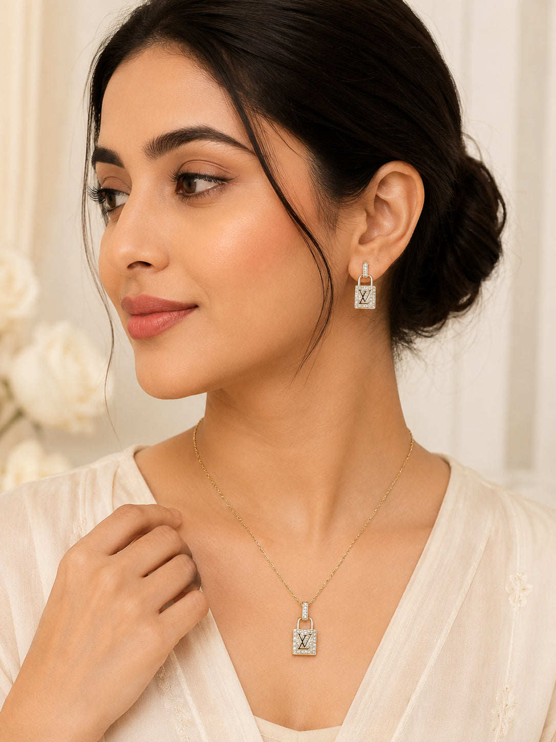 Golden Lock Pendant Necklace & Earrings Set