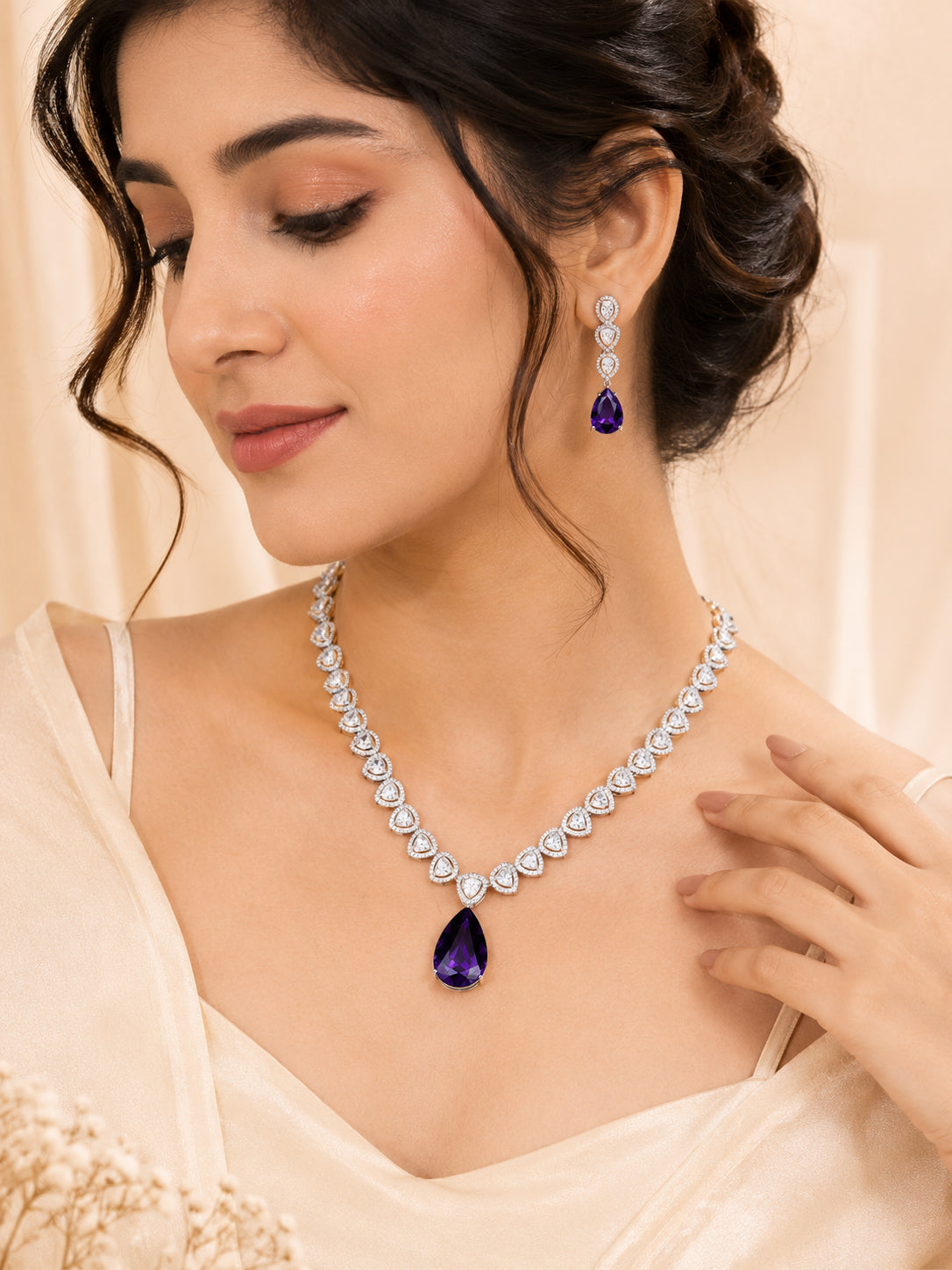 Aanura Purple Teardrop Crystal Necklace Set