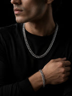 Rhodium Plated Curb Chain & Woven Bracelet Combo for Men