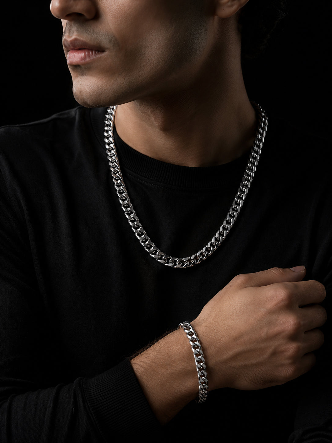 Rhodium Plated Curb Chain & Woven Bracelet Combo for Men