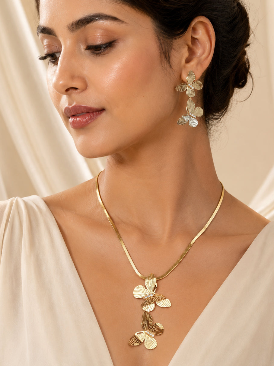 Golden Triple Orchid Necklace & Earrings Set
