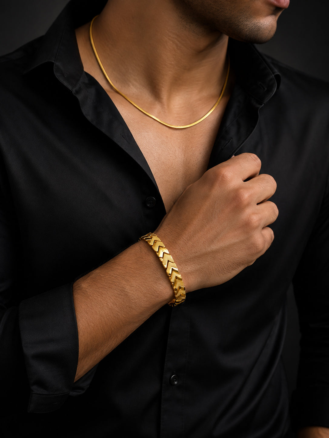 18K Gold Plated Herringbone Chain & Chevron Bracelet Set for Men