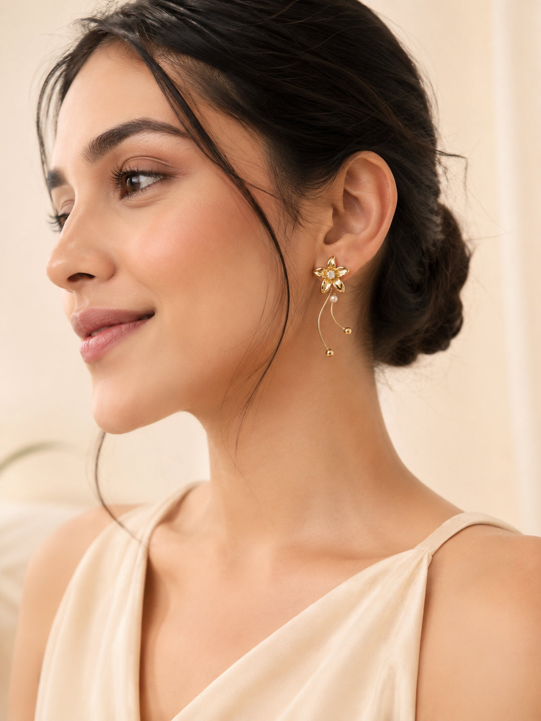 Aanura Crystal Pearl Floral Long Drop Earrings