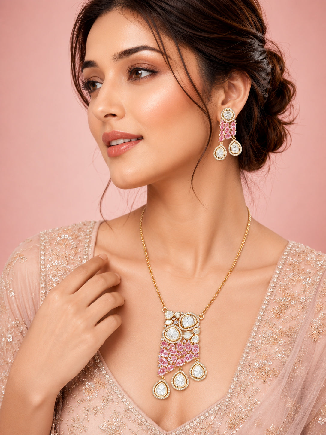Aanura Ruby & Kundan Long Pendant Necklace Set with Earrings
