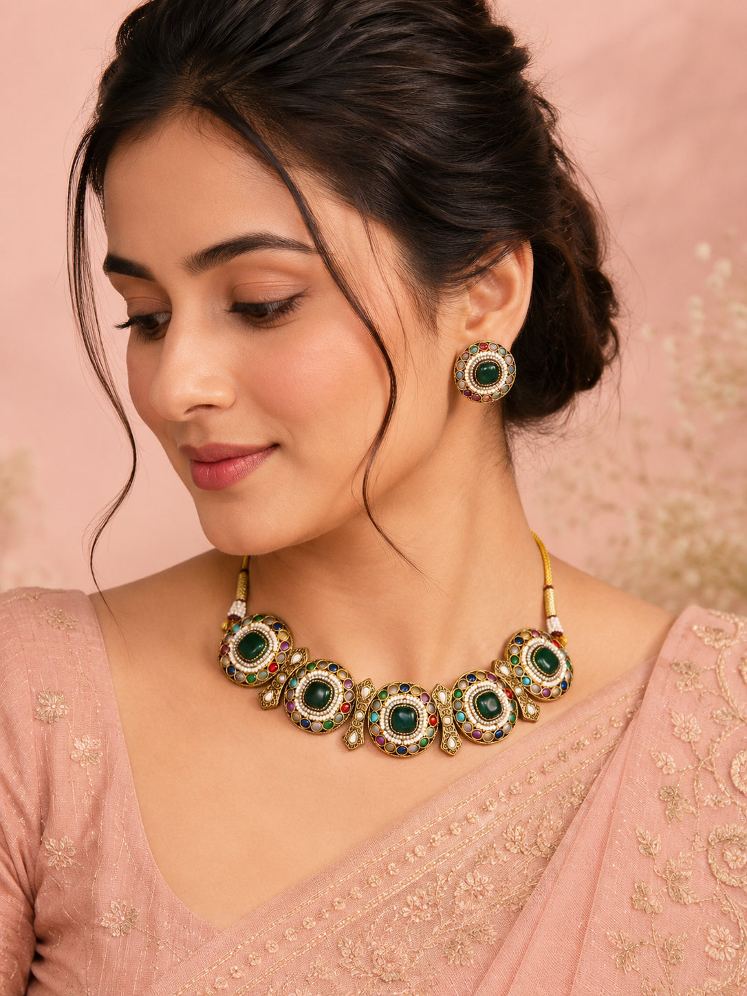 Aanura Navratna Choker Necklace with Green Center Stones
