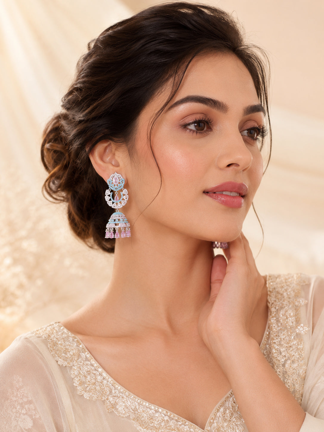 Aanura Silver Pink Crystal Oval Drop Earrings