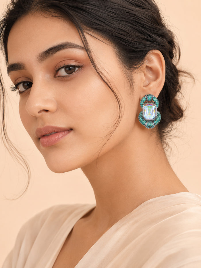 Aanura Emerald Halo Iridescent Crystal Stud Earrings