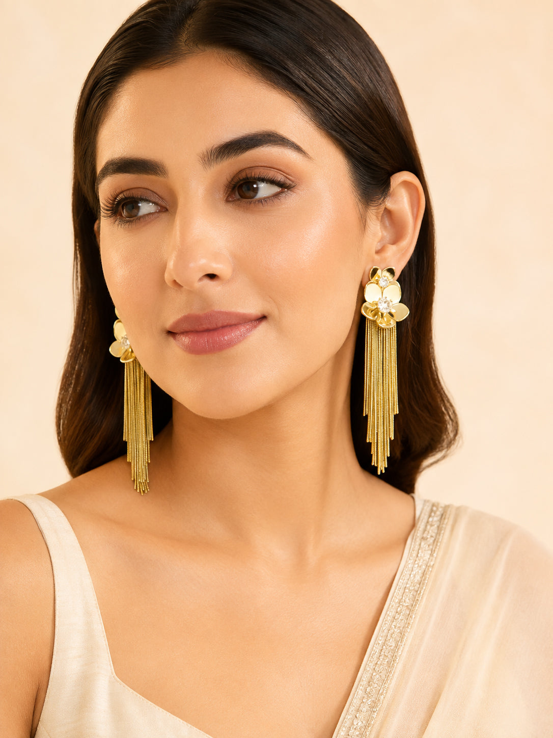 Aanura Crystal Floral Tassel Gold Drop Earrings