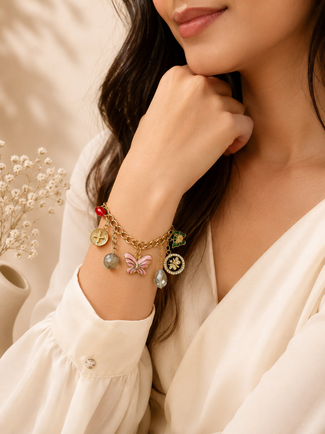 Aanura Butterfly & Crystal Multicharm Bracelet