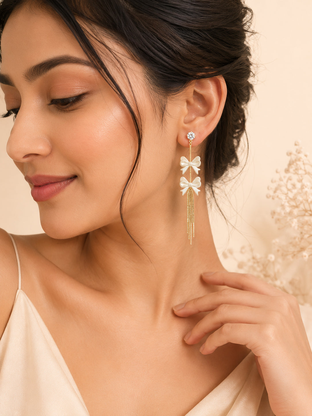 Aanura Pearl Bow Tassel Gold Drop Earrings