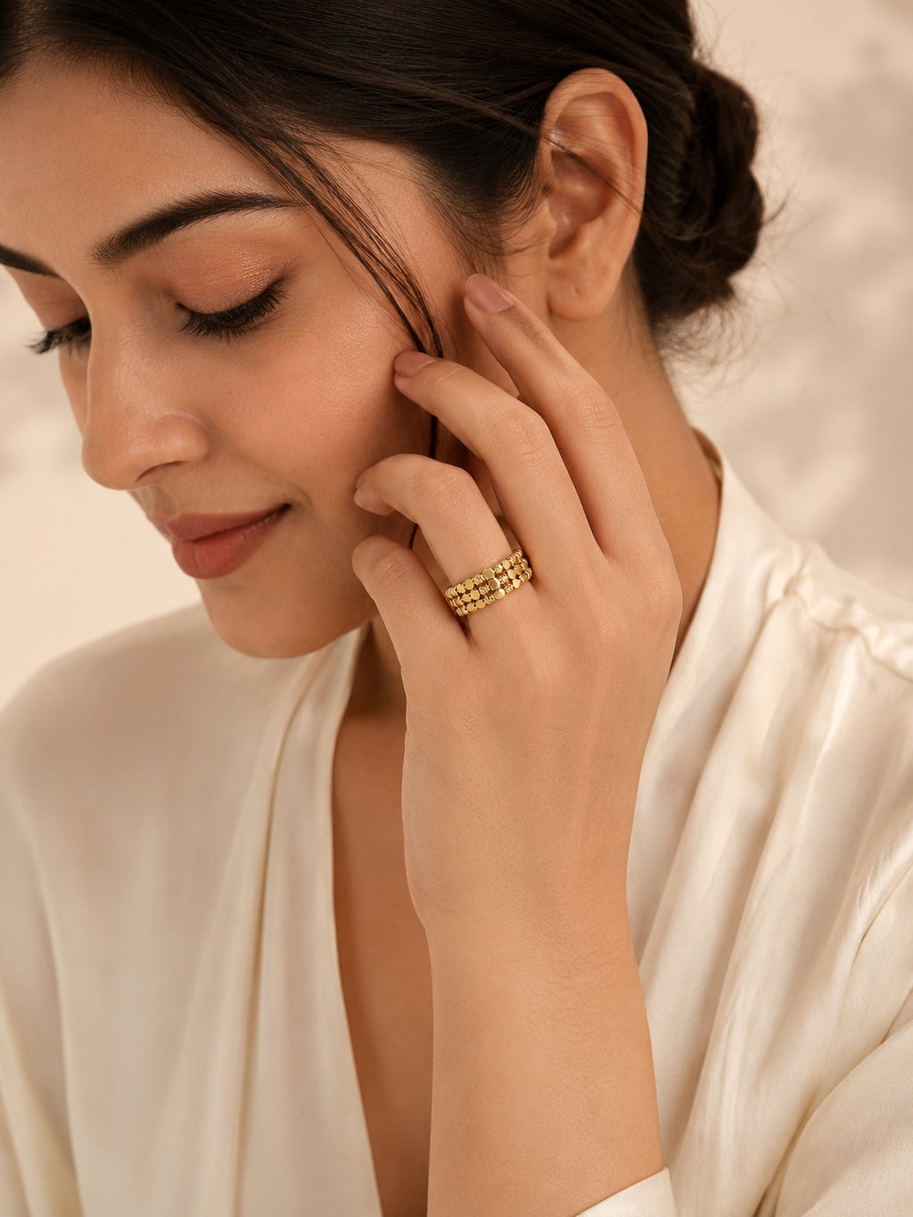 18K Gold Plated Layered Bead Open Band Ring
