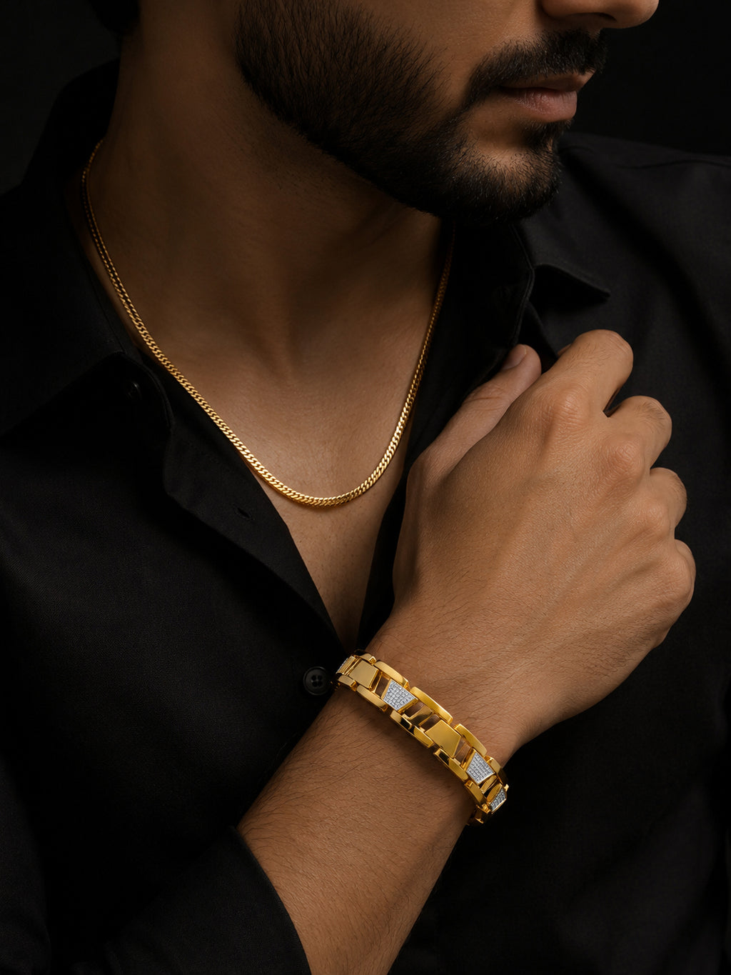 Gold Flat Link Chain & Dual-Tone Bracelet Combo for Men