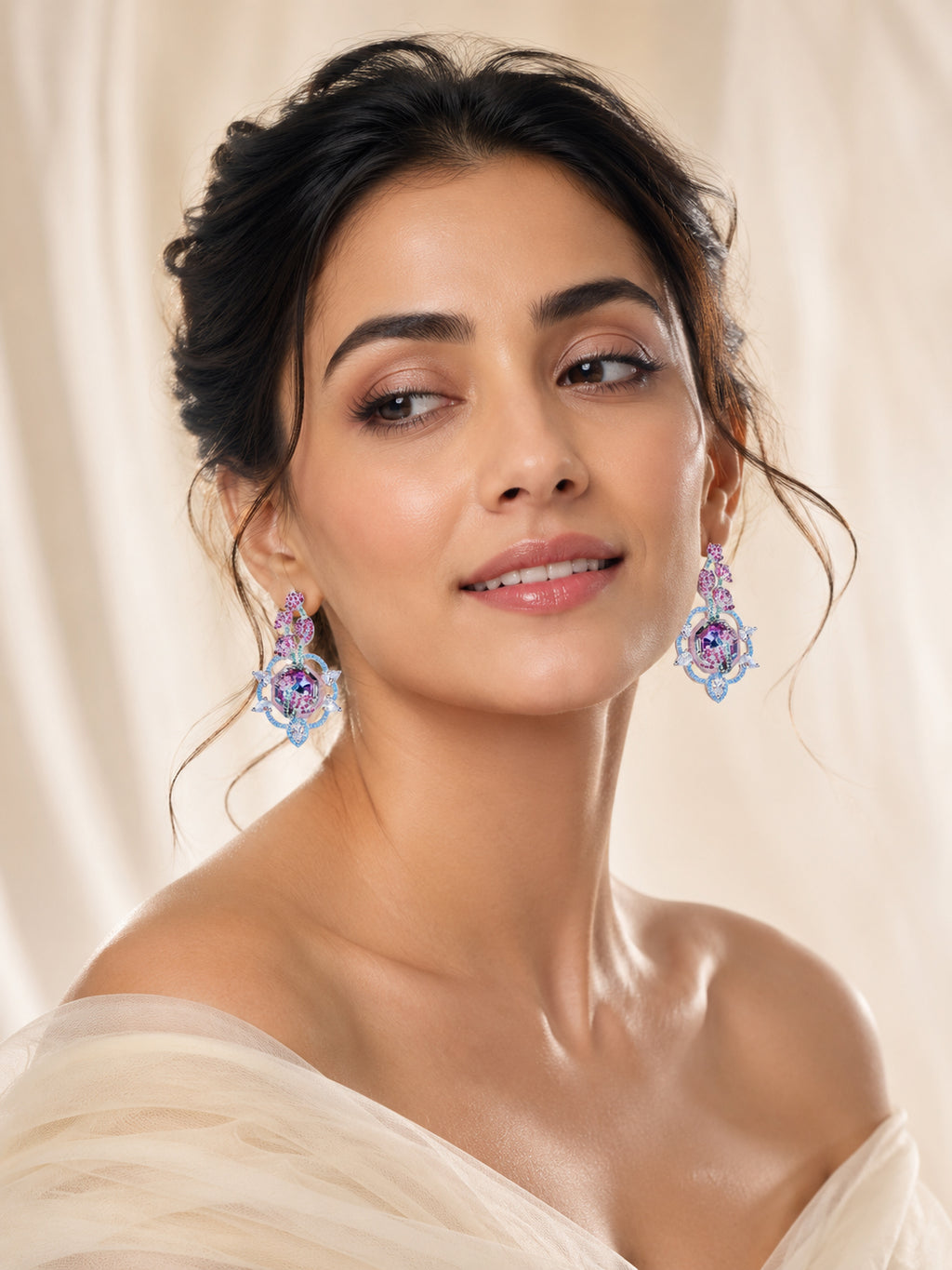 Aanura Floral Pink & Aqua Crystal Drop Earrings