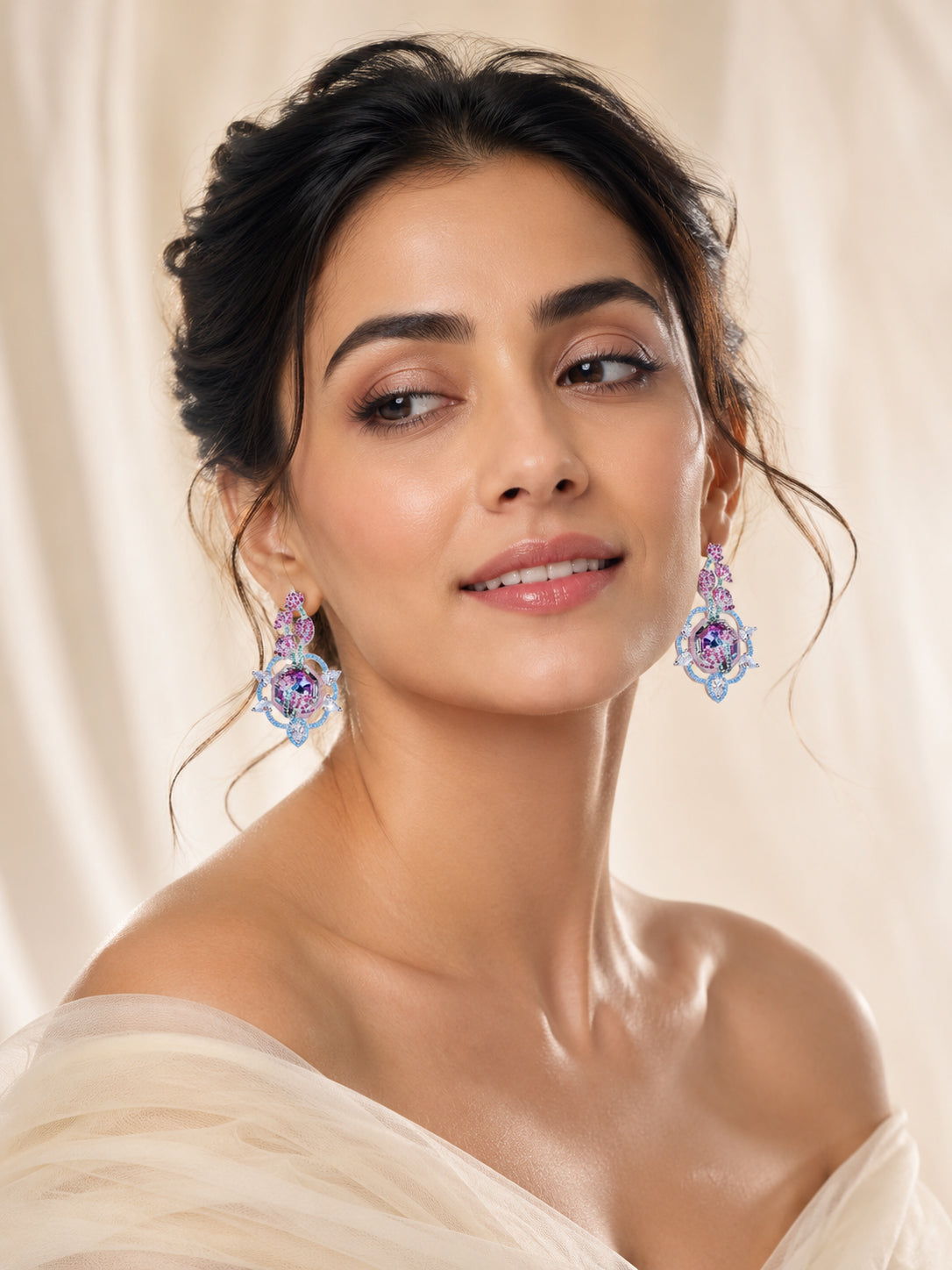 Aanura Floral Pink & Aqua Crystal Drop Earrings