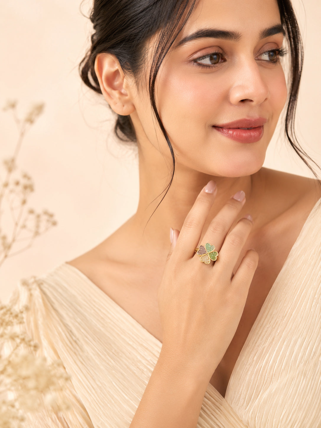 18K Gold Plated Multicolour Clover Crystal Ring