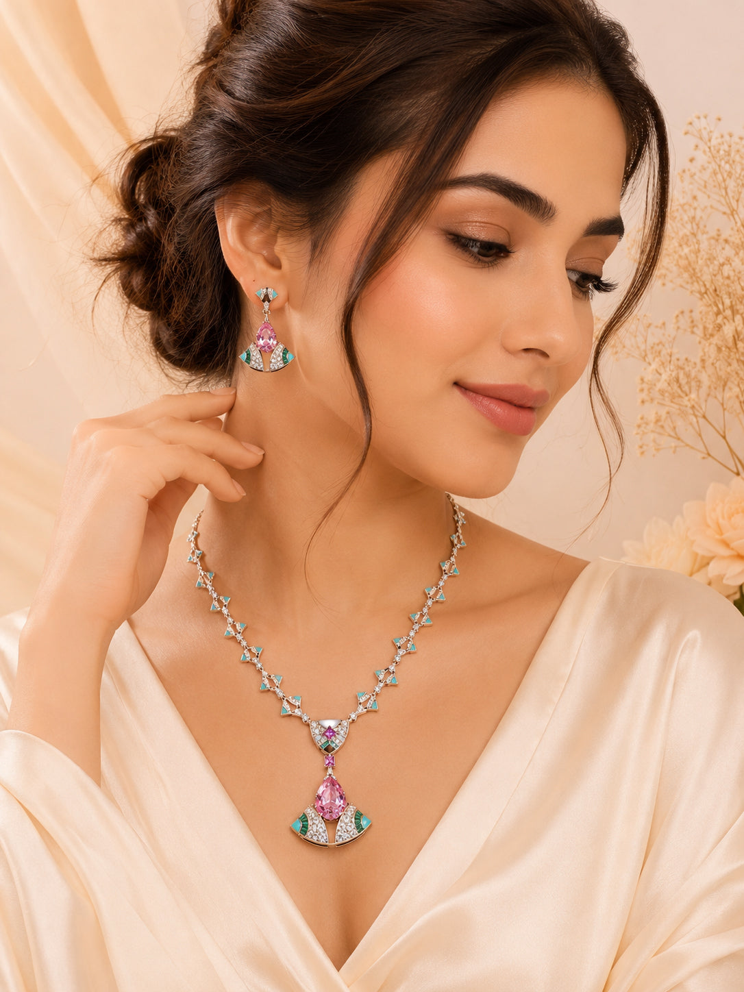 Aanura Pink Tourmaline Statement Necklace Set