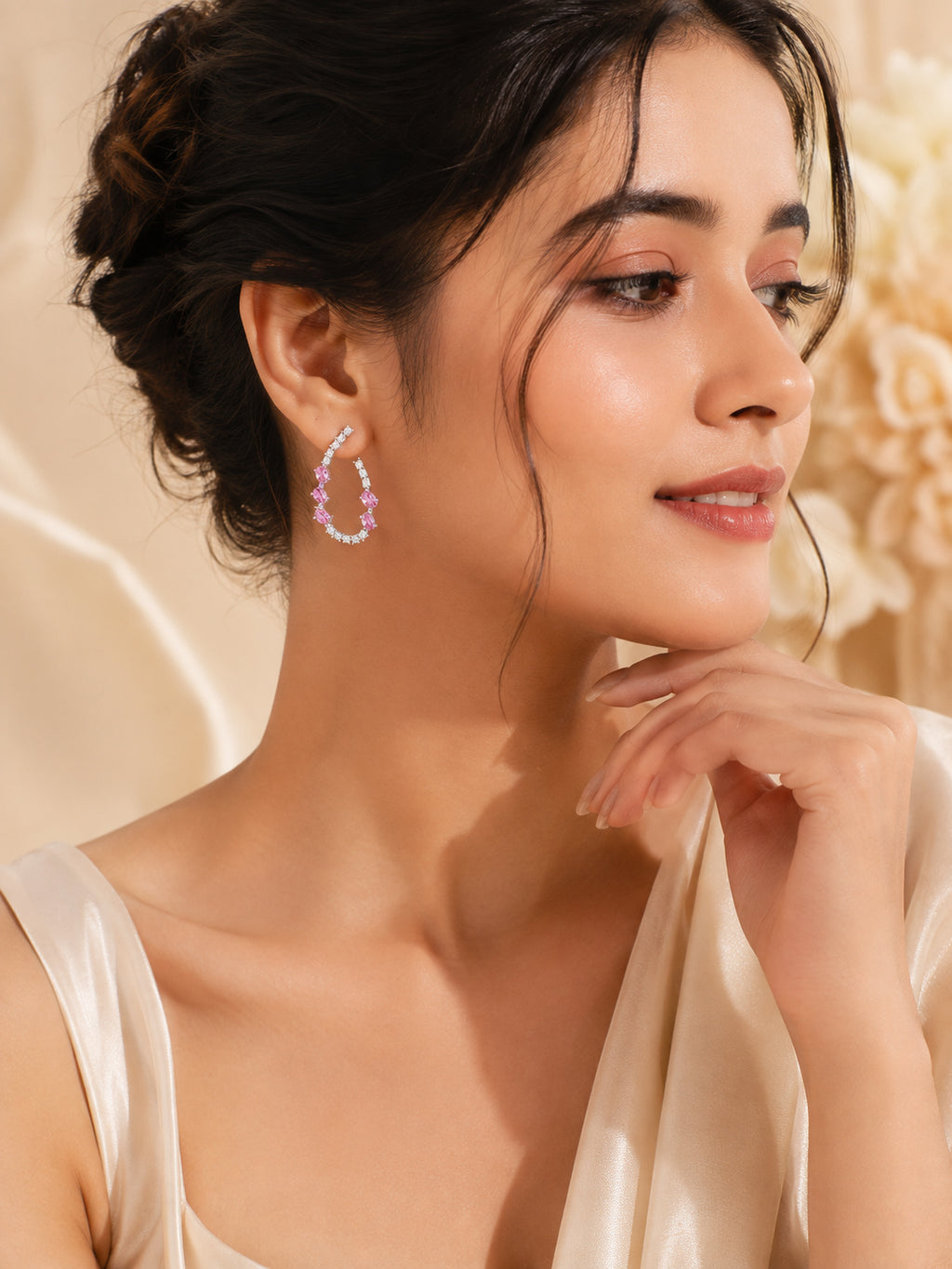 Aanura Pink Crystal Sparkling Hoop Earrings