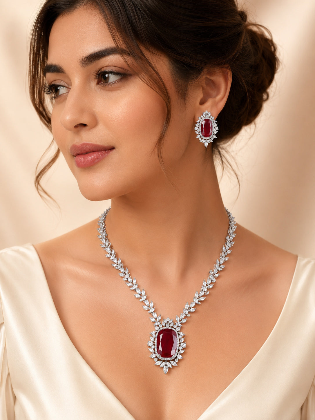 Aanura Ruby Oval Pendant Necklace Set