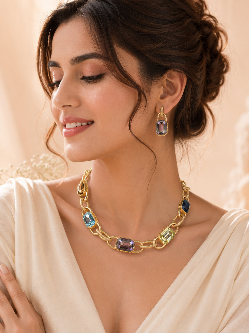 Aanura Gold Link Multicolor Crystal Necklace Set Stainless