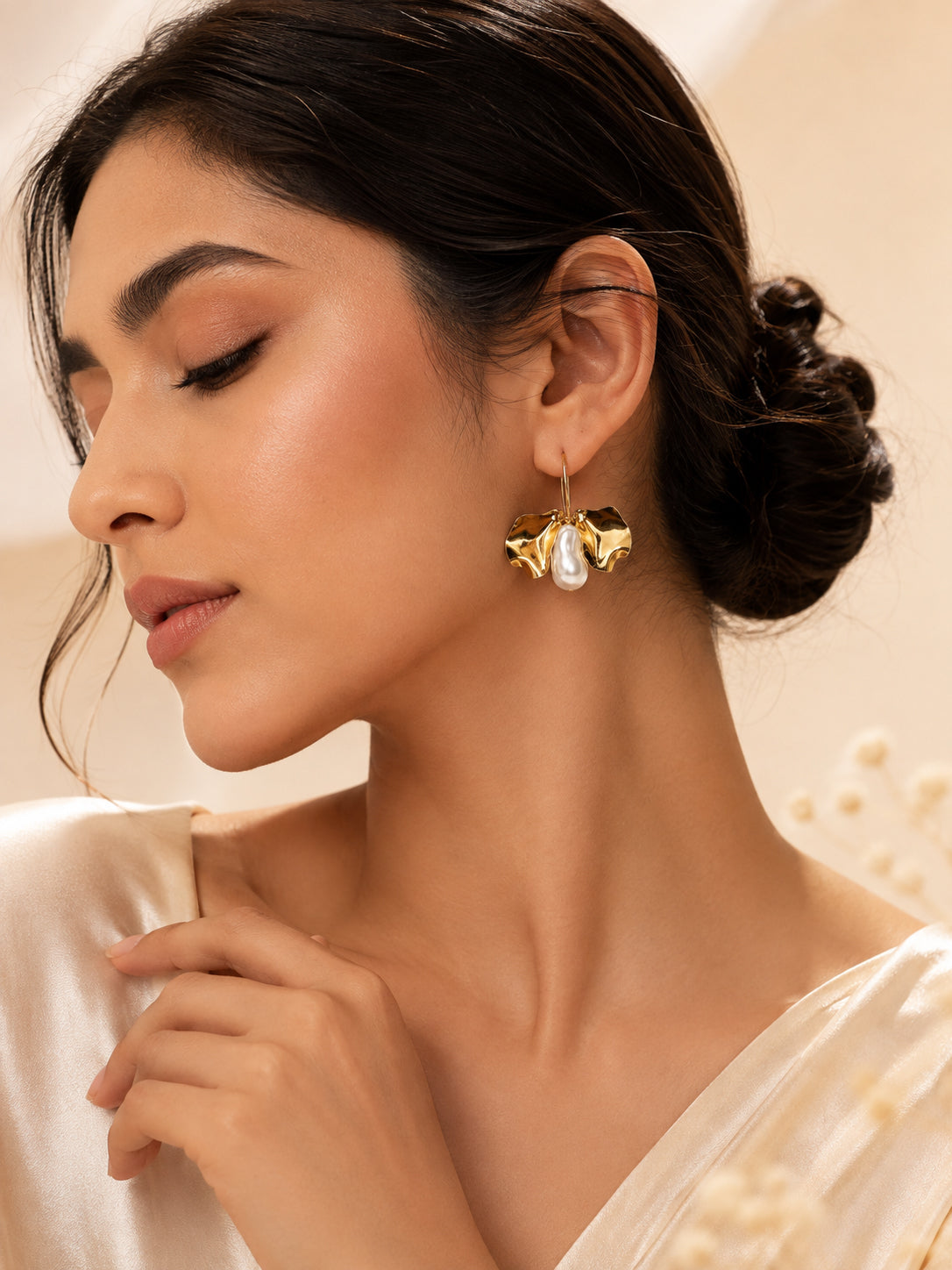 Aanura Baroque Pearl Gold Leaf Earrings