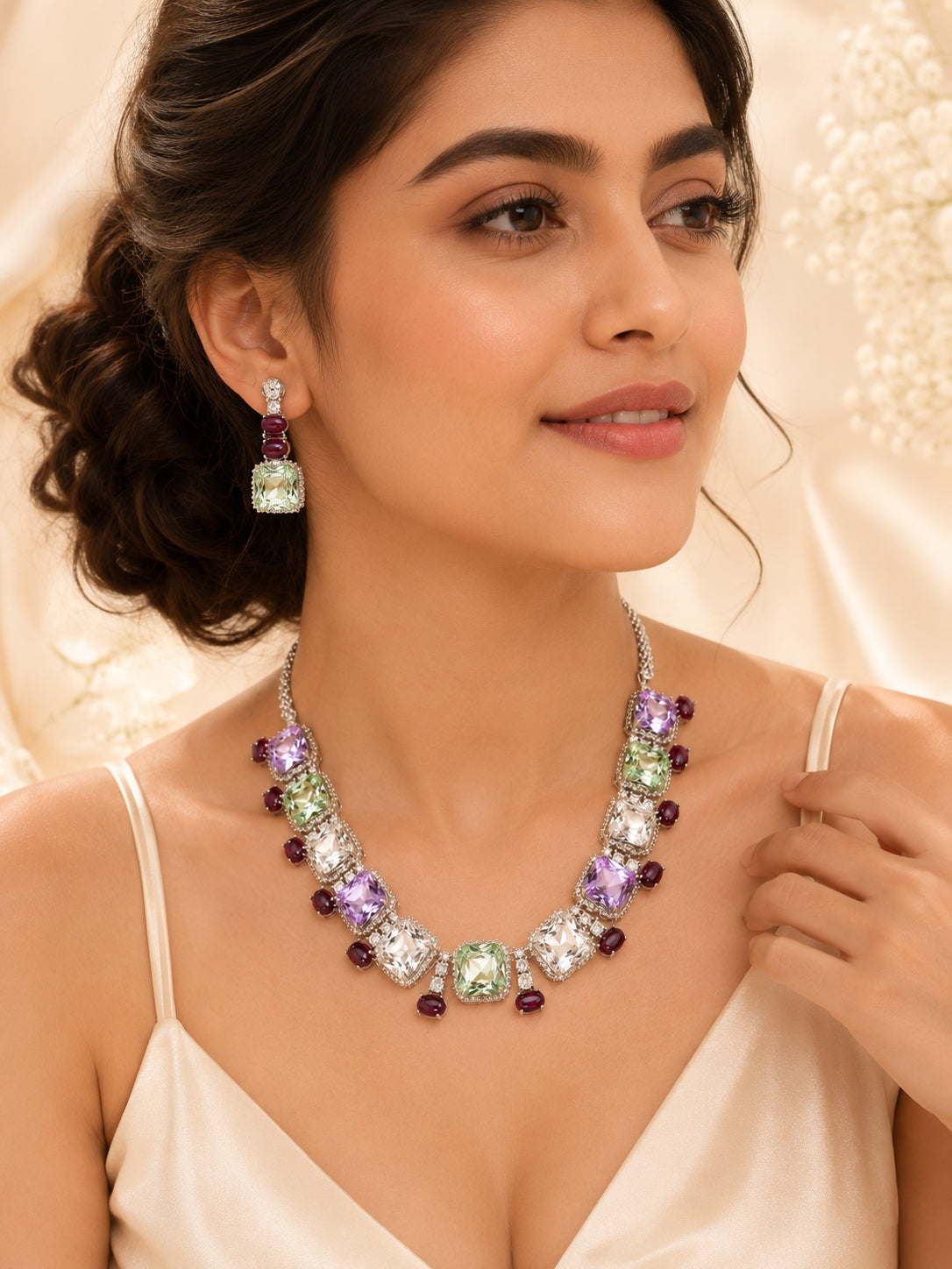 Aanura Multicolor Square Crystal Necklace Set Stainless