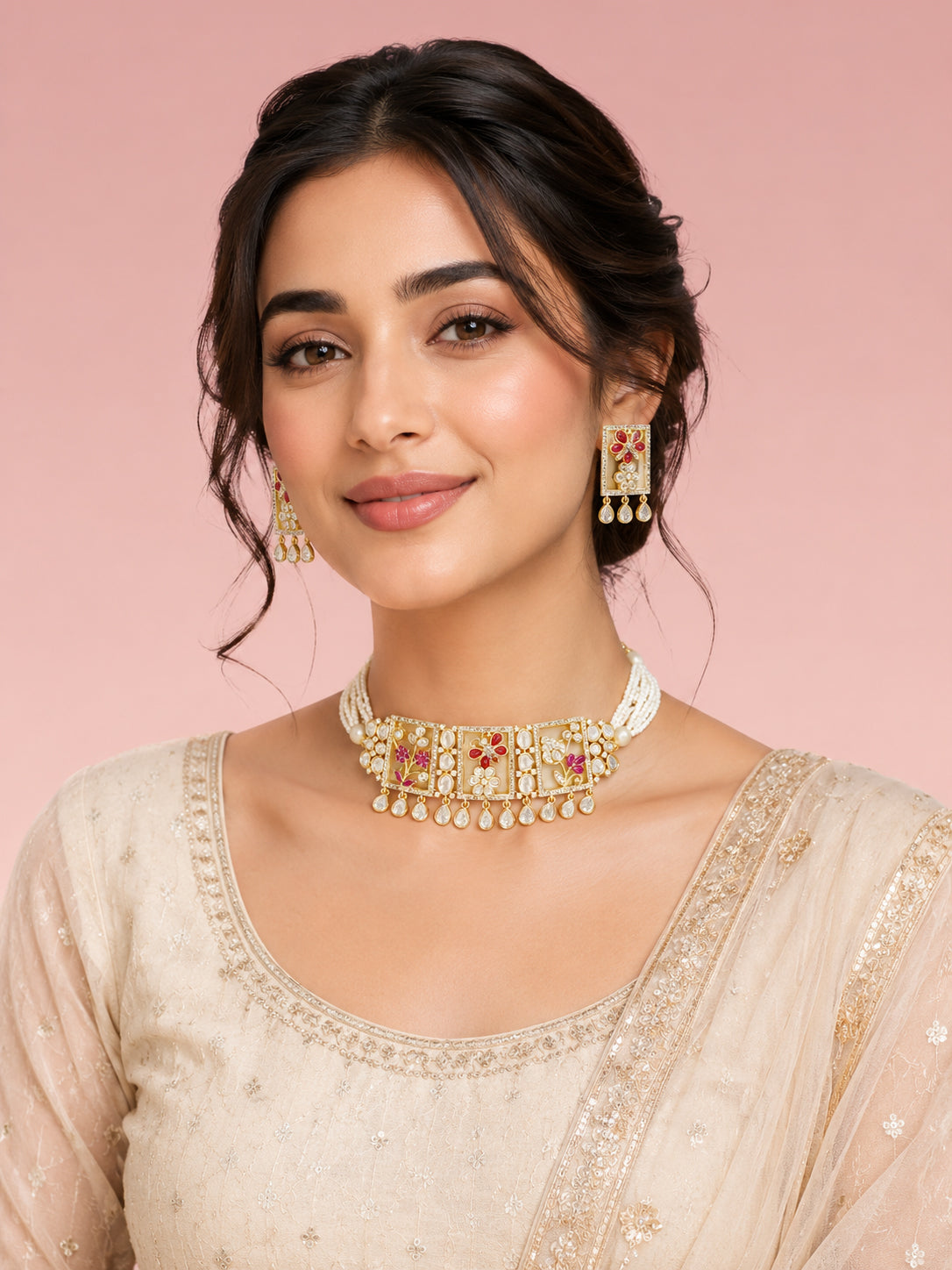 Aanura Floral Panel Choker Necklace Set