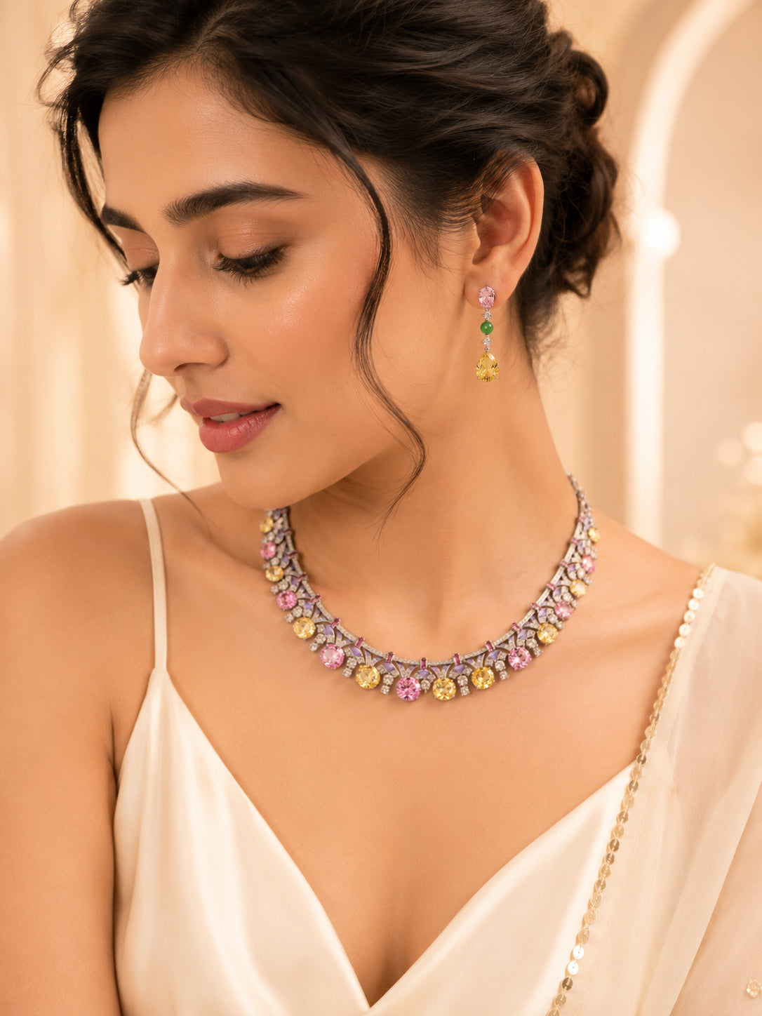 Aanura Yellow & Pink Gemstone Choker Necklace