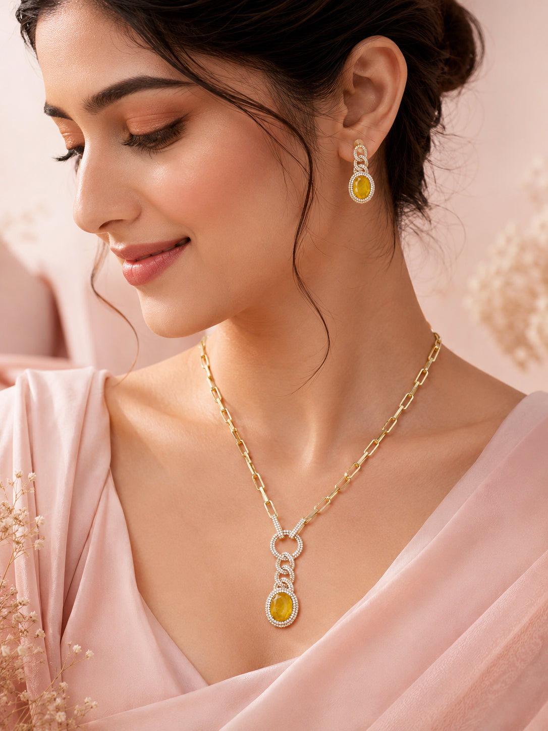 Aanura Red Stone Chain-Link Necklace with Earrings