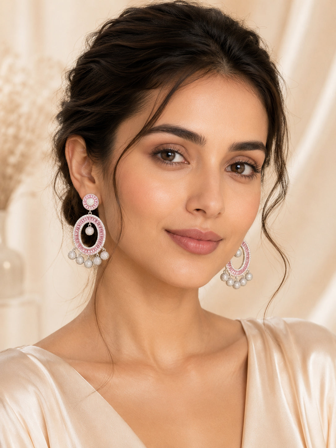 Aanura Pink Baguette Oval CZ Cluster Drop Earrings
