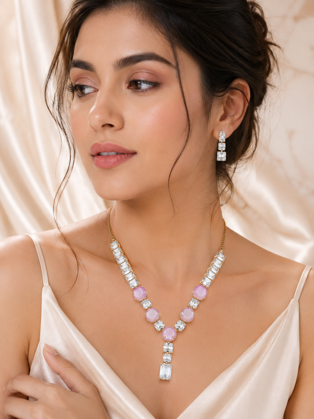 Aanura Pink Stone Diamond-Cut Necklace Set
