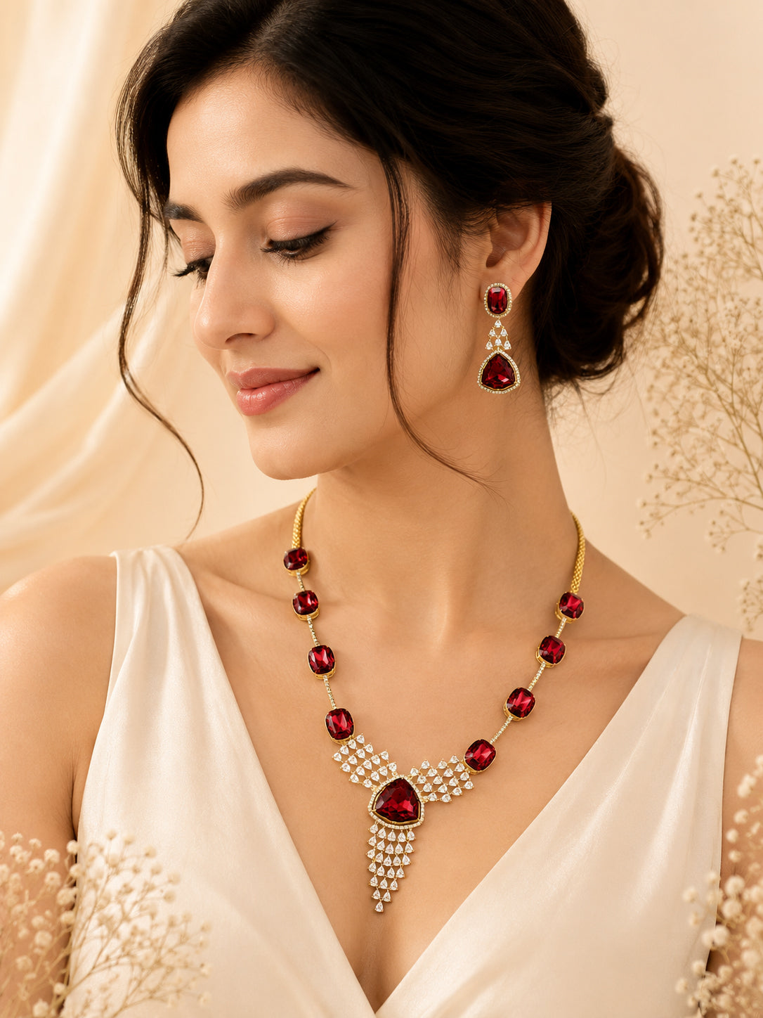 Aanura Ruby Red Geometric Necklace Set