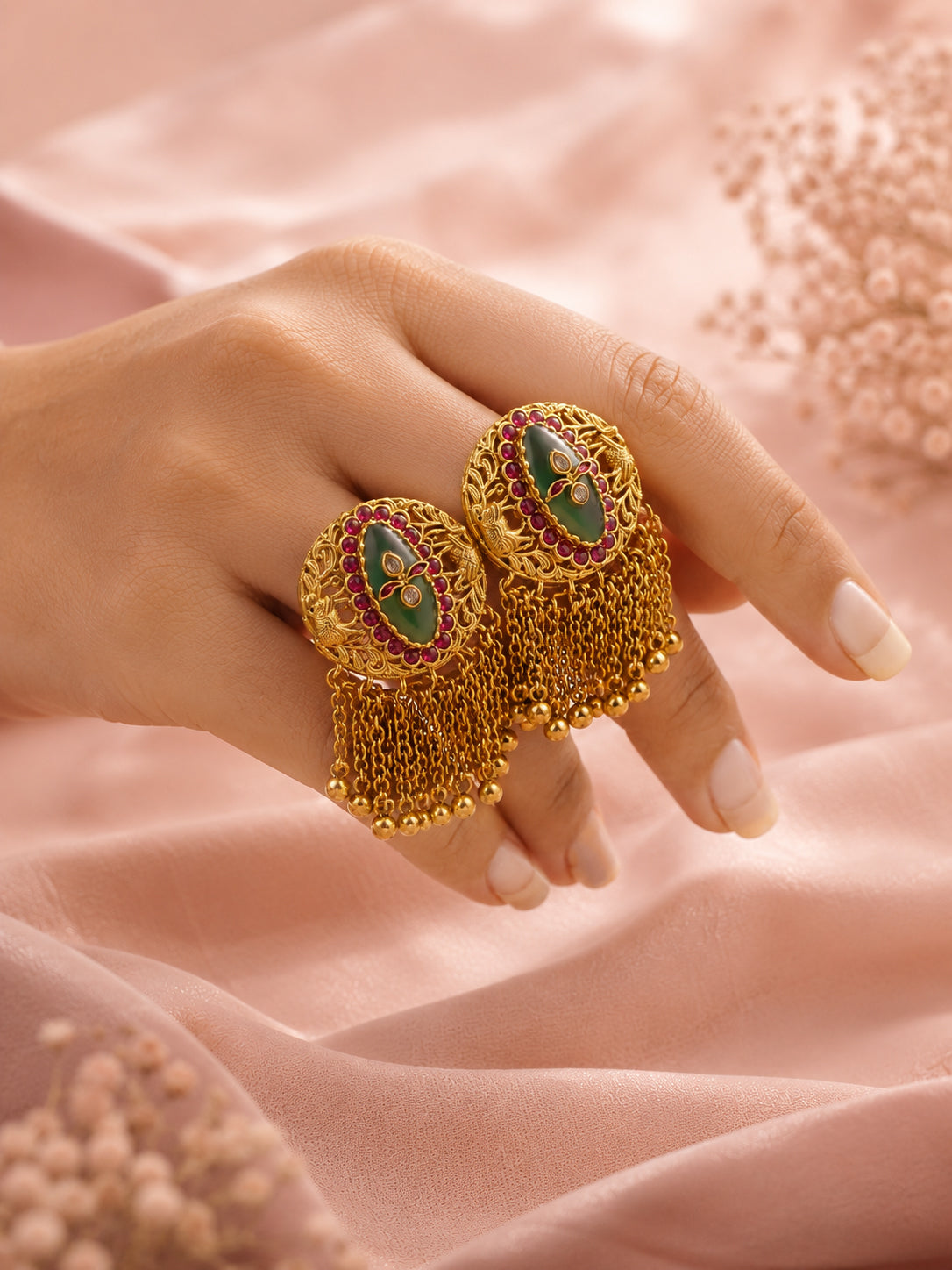 Aanura Gold-Plated Green Ruby Tassel Rings