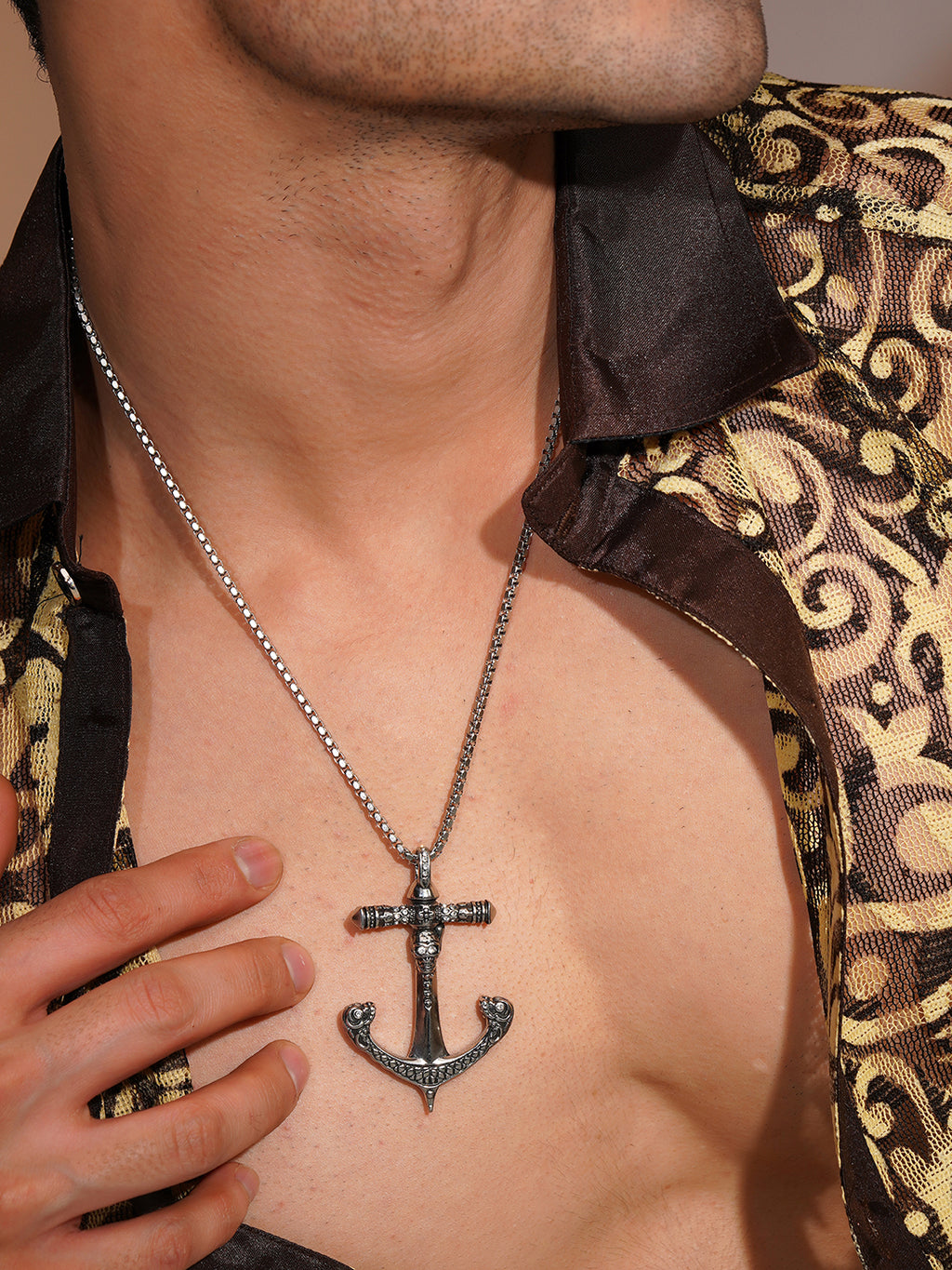 Aanura Silver Anchor Cross Chain  For Men