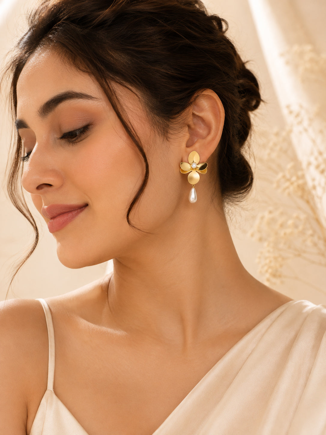 Aanura Pearl Drop Floral Gold Earrings