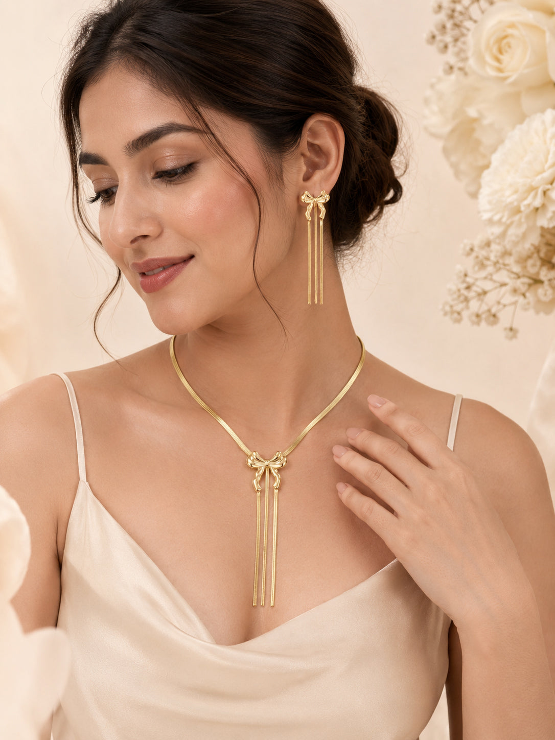Aanura Golden Ribbon Bow Necklace & Earrings Set