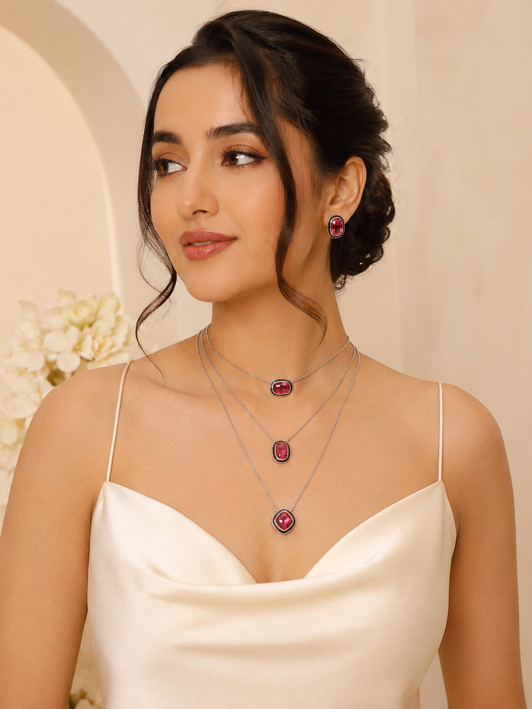 Aanura Layered Red Pendant Necklace Set