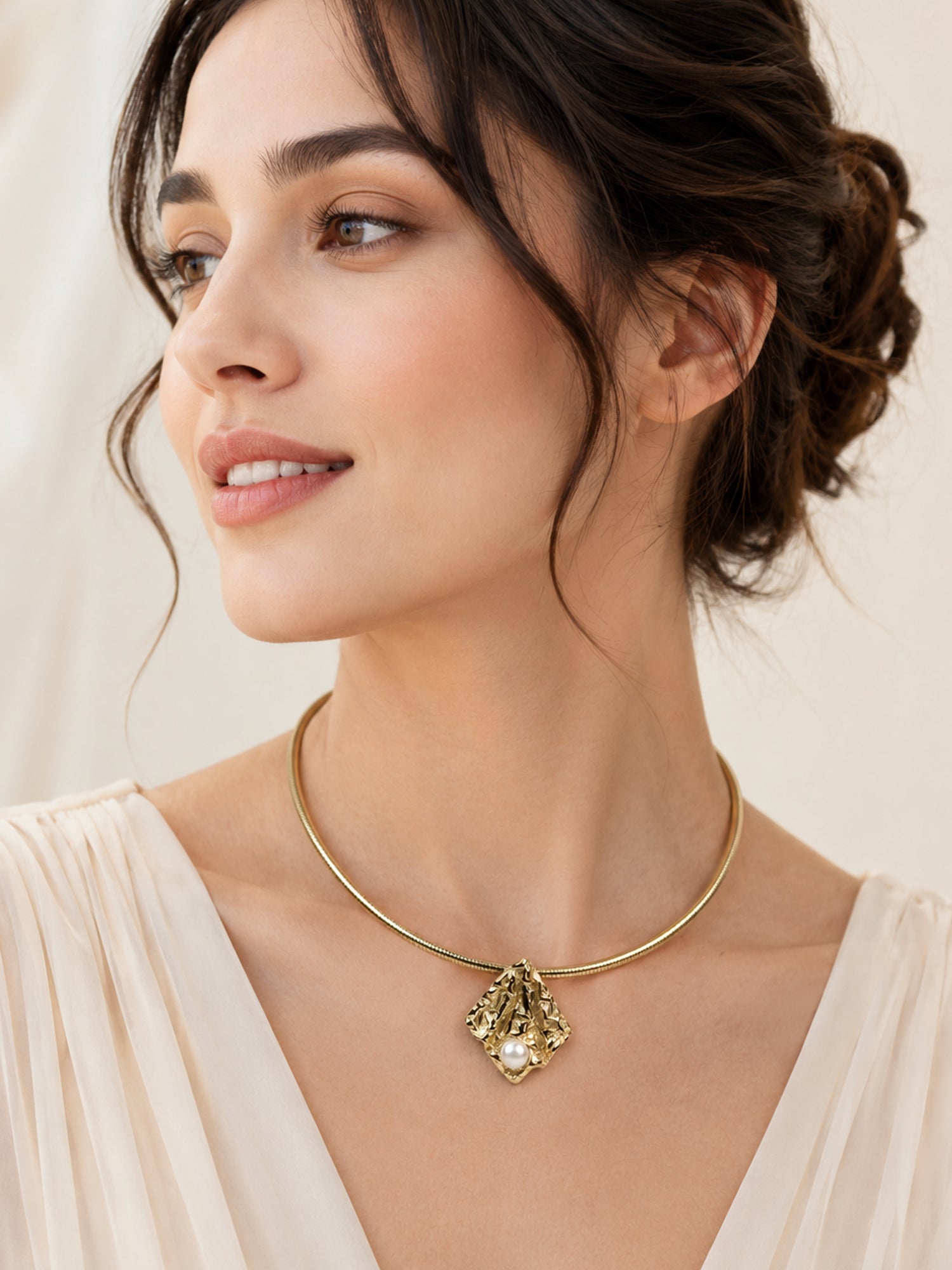 Aanura Gold Choker Necklace with Pearl Accent Charm