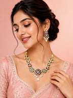 Aanura Purple Kundan Pendant Necklace & Earrings
