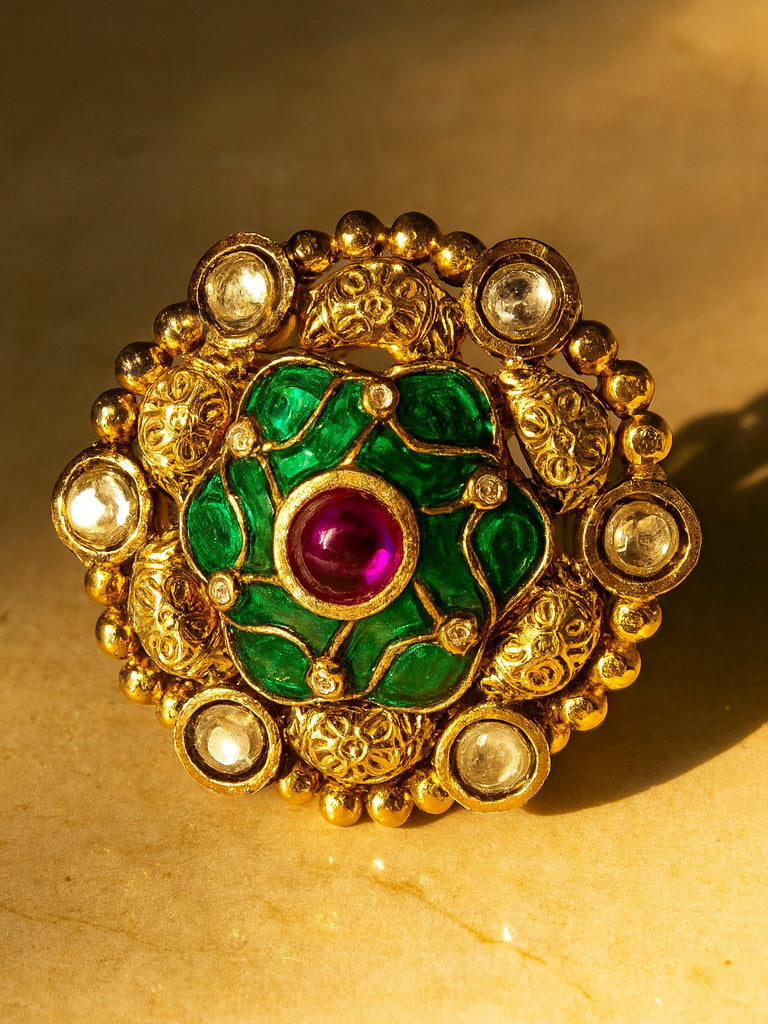 Aanura Gold-Plated Round Ruby & Green Floral Ring