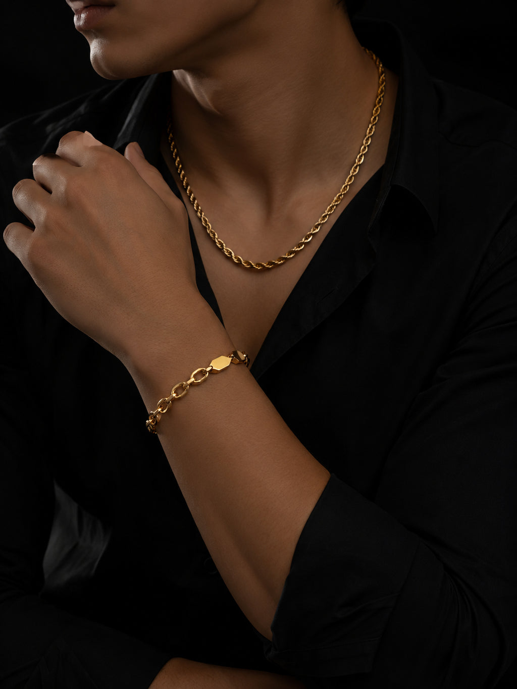 18K Gold Plated Rope Chain & Link Bracelet Combo for Men