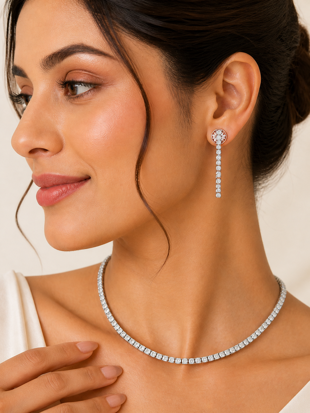 Aanura Diamond Tennis Necklace Set with Drop Earrings