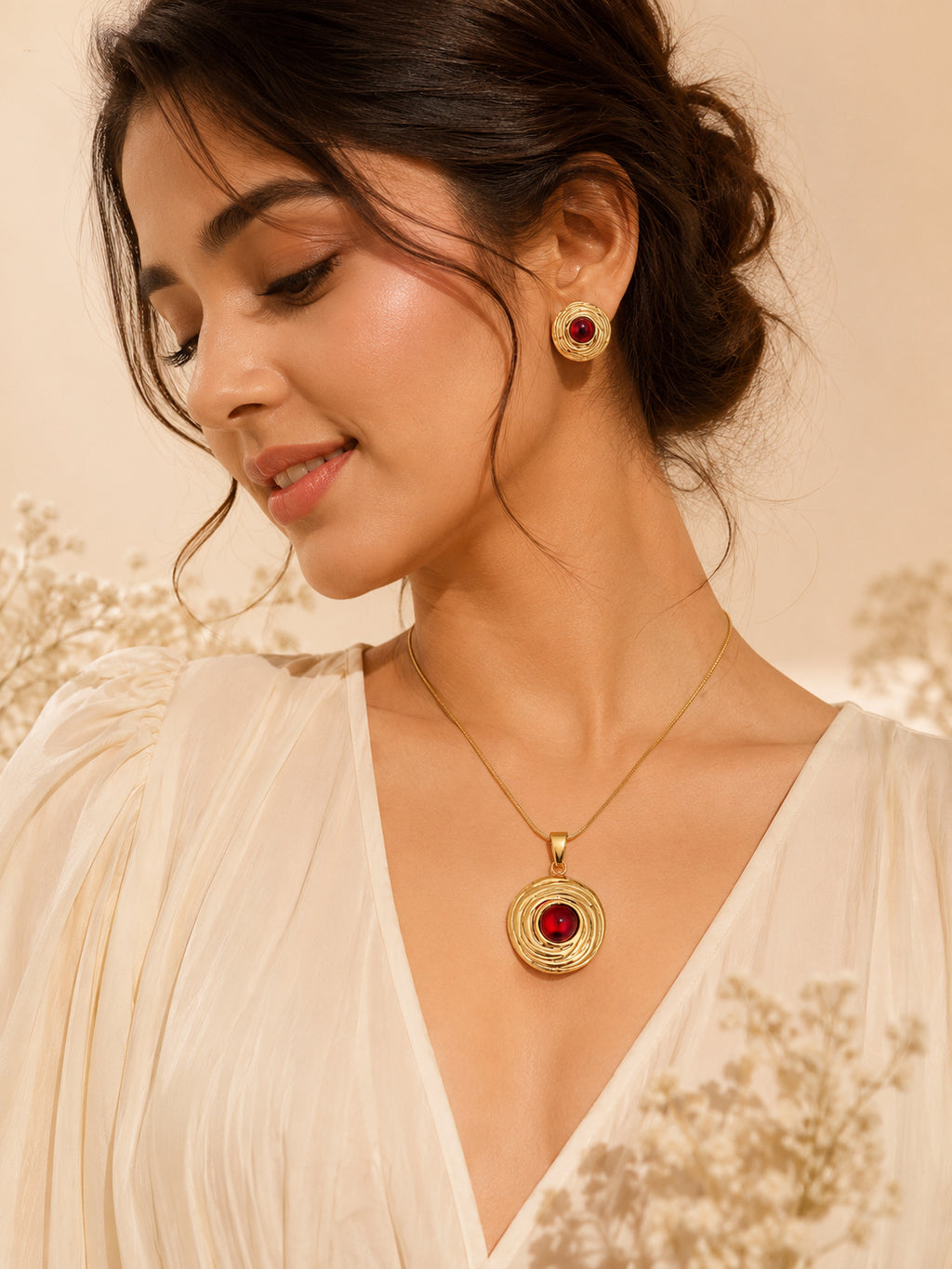 Gold Plated Tarnish-Resistant Red Stone Textured Pendant Set