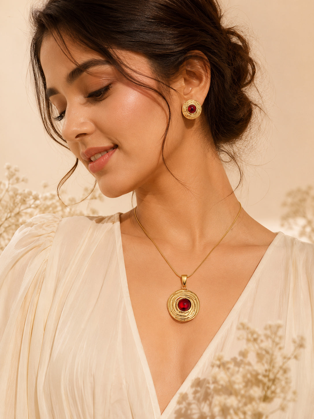 Gold Plated Tarnish-Resistant Red Stone Textured Pendant Set