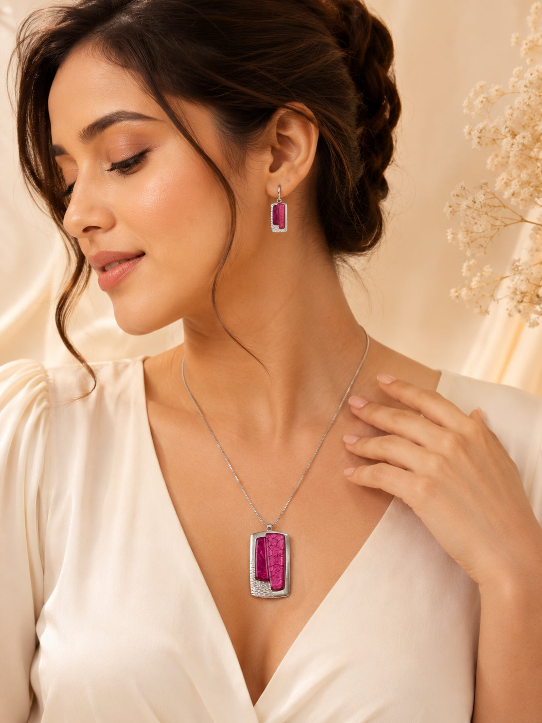 Aanura Rectangular Pink Stone Necklace & Earrings Set